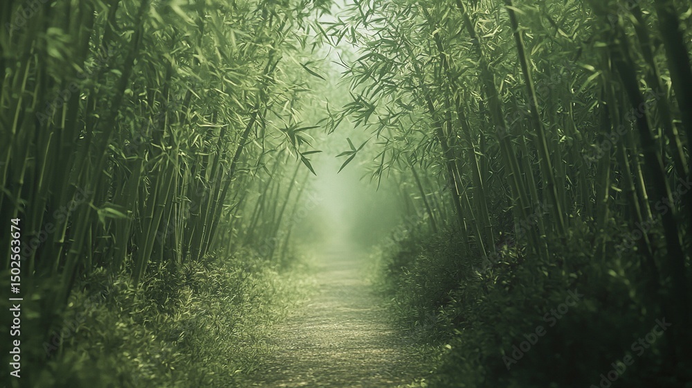 Naklejka premium Misty path winds through dense, verdant bamboo forest, light fading into hazy distance; tranquil, serene atmosphere