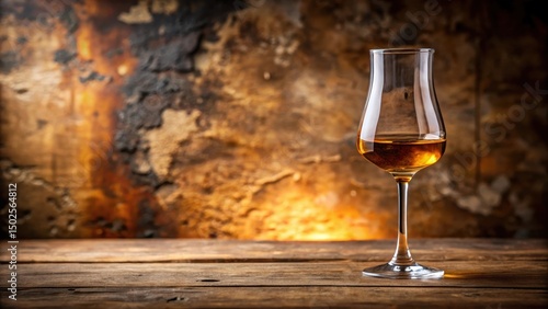 A glass of amber-colored grappa liquid on a rustic wooden table with natural stone background , amber, liquid,  amber, liquid, bottle