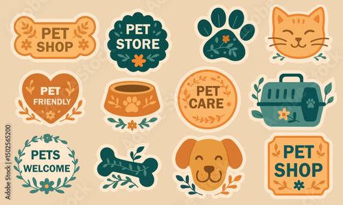 A decorative sticker set themed around pets and pet stores. Icons of a dog, cat, paw prints, bone, food bowl, and carrier.