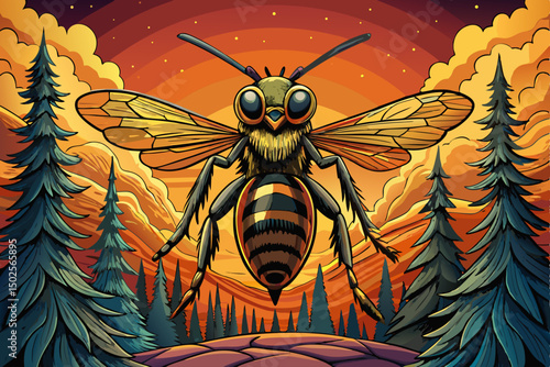 Close-up of a domestic Honeybee on a green forest vector illustration