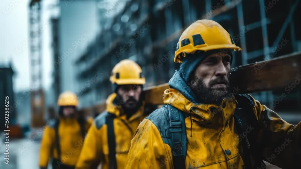 Construction workers in yellow rain gear carrying a wooden beam at a rainy industrial site Construction workers in yellow rain gear carrying a wooden beam at a rainy industrial site