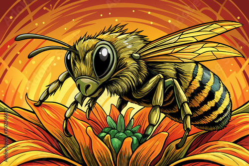 Close-up of a domestic Honeybee on a yellow flower vector illustration