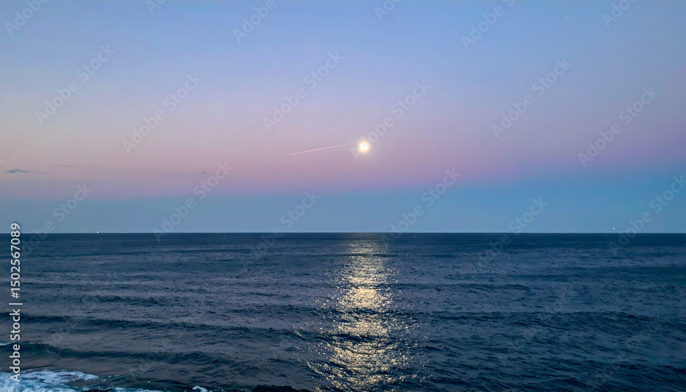 Obraz premium Serene Ocean Sunset with Moon and Pink Sky