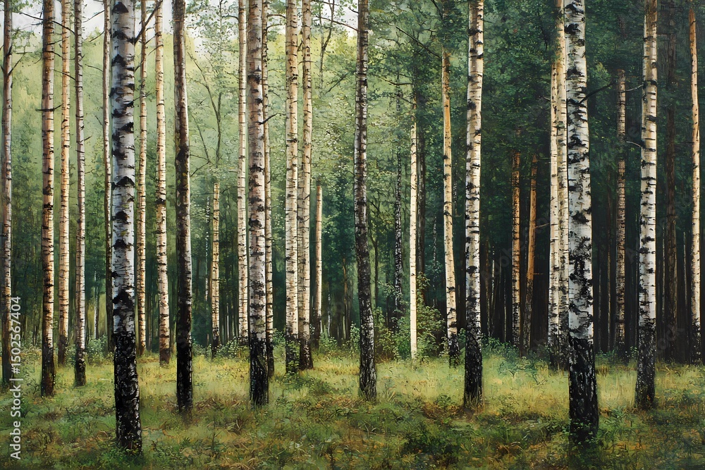 Naklejka premium Serene birch forest painting evoking tranquility and peace in nature s embrace Soft natural light filters through the trees creating a magical atmosphere in lush