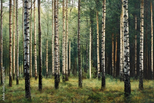 Serene birch forest painting evoking tranquility and peace in nature s embrace Soft natural light filters through the trees creating a magical atmosphere in lush
