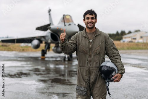 Smiling Fighter Jet Pilot Giving Thumbs Up on Airbase