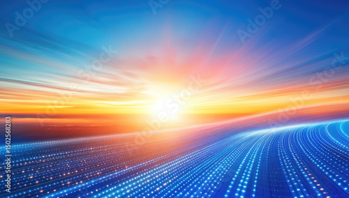 Dynamic sunrise over a digital landscape of glowing points