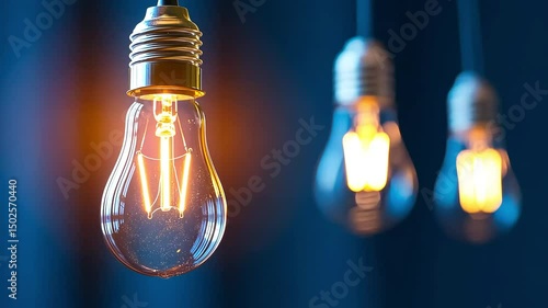 Close-up of glowing lightbulb with other bulbs blurred in the background against a dark blue backdrop