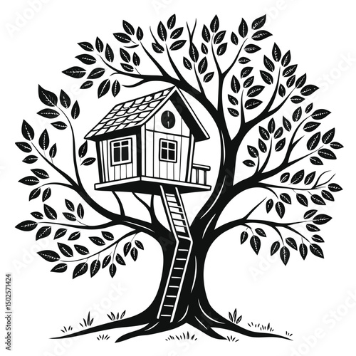 Tree House in a Blooming Tree – Illustration