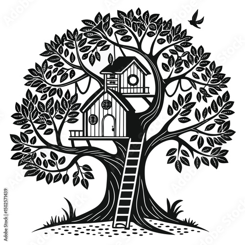  Tree House in a Large Leafy Tree – Illustration 