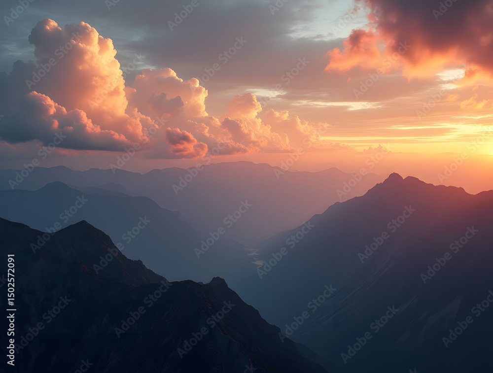 Fototapeta premium Sweeping Panoramic Vista of Vast Mountains at Sunset