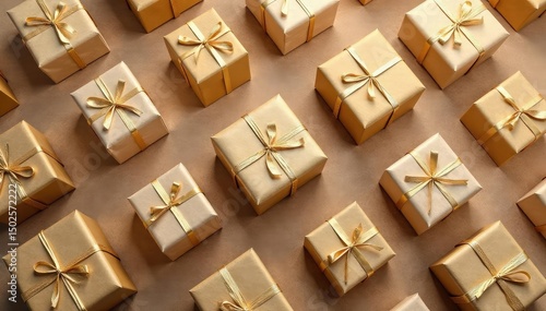 Subtle gold foil gift boxes on kraft paper, seamless pattern, element, graphic, packaging