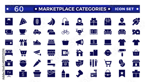 Marketplace Categories solid icons collection. Vector illustration in modern thin line style of e-commerce related icons: household goods, electronics and household appliances, clothing, and more.