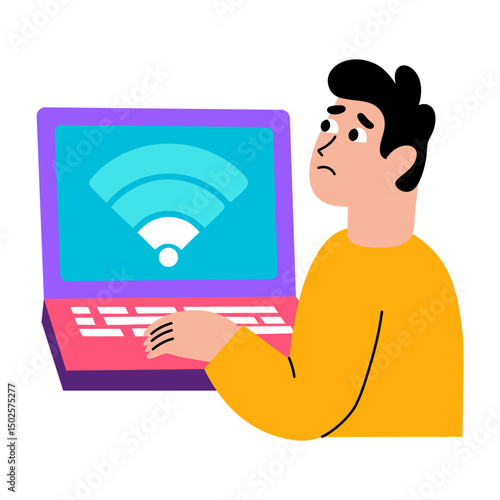 Flat style illustration depicting a disconnected wifi signal icon