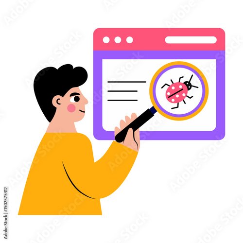 Flat style illustration depicting a character trying to find bug