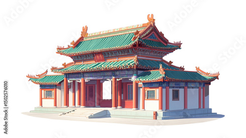 Ancient Chinese palace with multiple floors and symmetrical design on white background.
