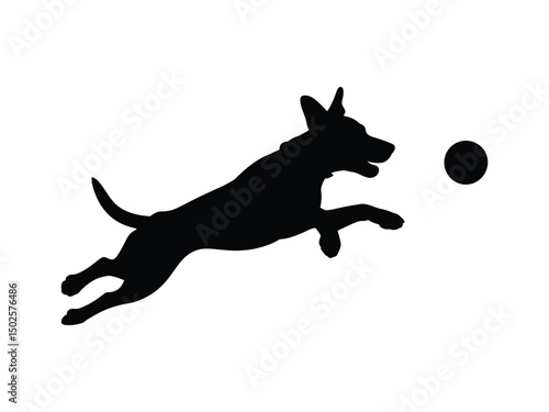Black silhouette of a playful dog leaping to catch a ball on white background