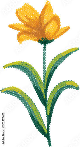 Crochet yellow flower vector. Image of yellow flower and green leaves.