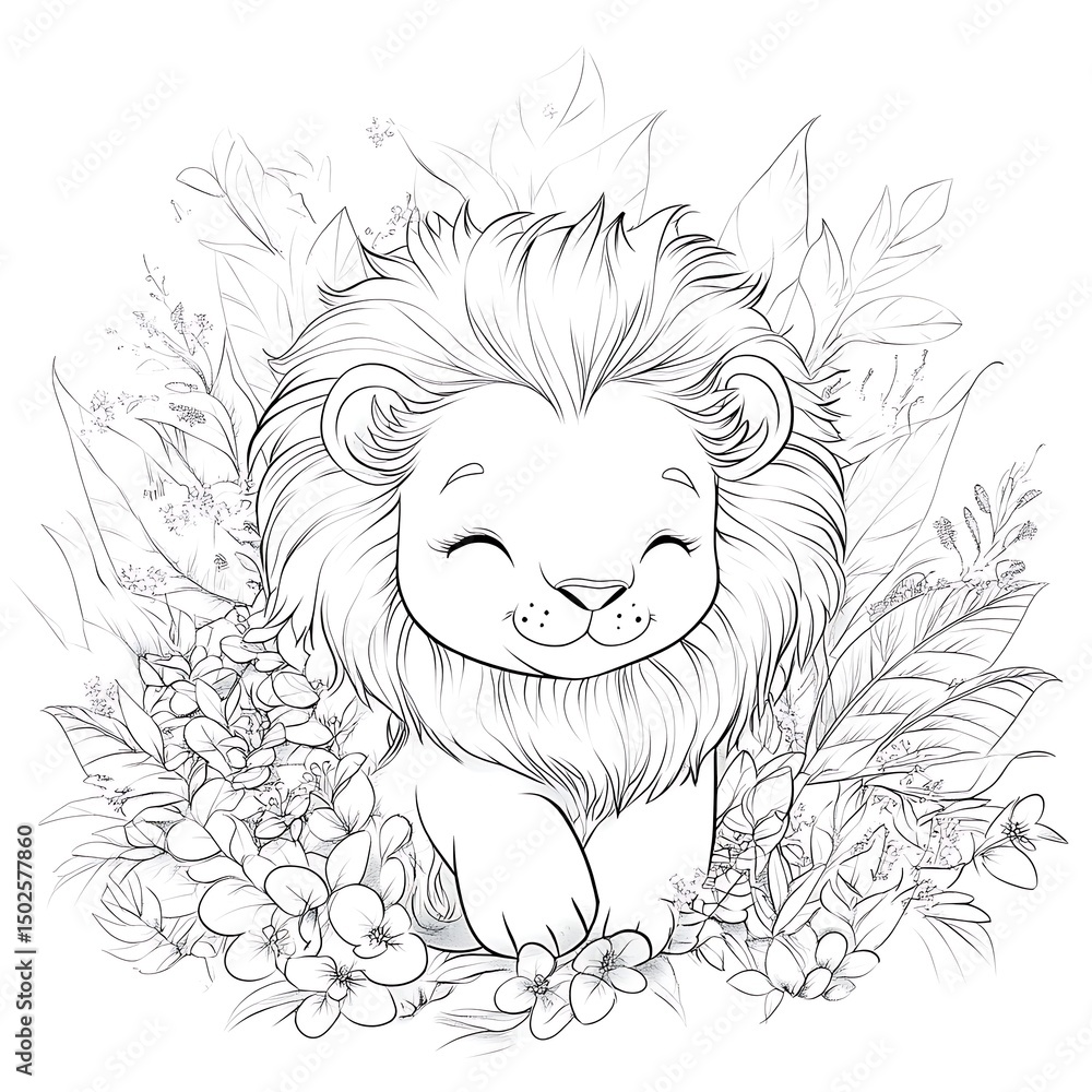 Obraz premium Jungle lion coloring sheet cute baby animal sitting surrounded plants flowers outline artwork kids fun