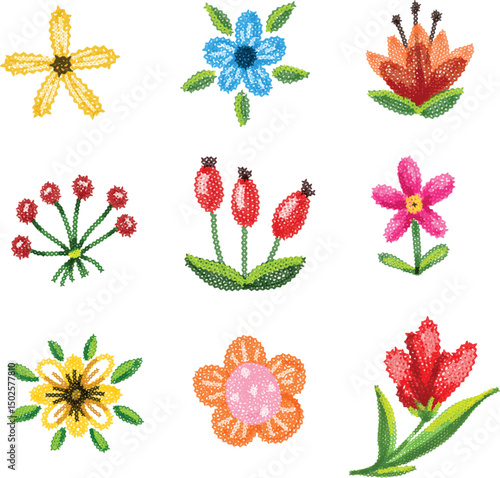 Variations of crochet flower vector. Knit flowers clipart.
