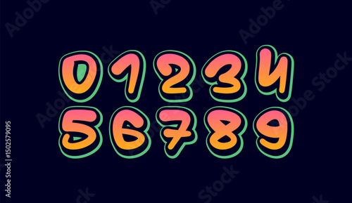 Graffiti numbers, colorful numerals 0 to 9 made in street art style, vector illustration 10EPS