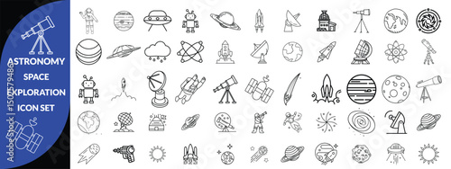 Astronomy and space exploration icon set. Thin line editable stroke icons for astrophysics, planets, rockets, astronauts, solar system, satellites, galaxies and outer space observation science