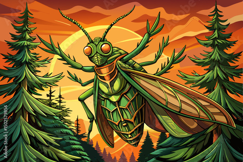 A detailed Leaf Insect in the forest vector illustration