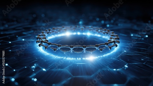 Futuristic circular molecular structure with connected spheres and rods resembling atomic chain, set against a dark blue grid-patterned background. Central glowing light source radiates bright blue-wh