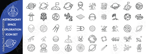 Astronomy and space exploration icon set. Thin line editable stroke icons for astrophysics, planets, rockets, astronauts, solar system, satellites, galaxies and outer space observation science