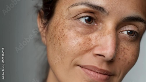 Close-up studio shot revealing woman's face exhibiting hyperpigmentation, freckles, skin texture, and a hint of a smile