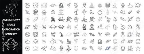 Astronomy and space exploration icon set. Thin line editable stroke icons for astrophysics, planets, rockets, astronauts, solar system, satellites, galaxies and outer space observation science