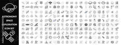 Astronomy and space exploration icon set. Thin line editable stroke icons for astrophysics, planets, rockets, astronauts, solar system, satellites, galaxies and outer space observation science