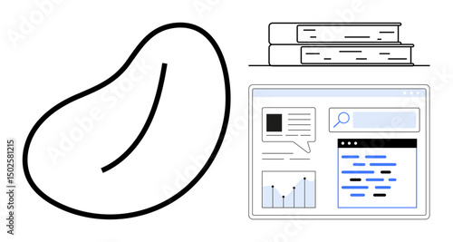 Organic abstract shape, two books stacked, digital interface with charts and text blocks. Ideal for creativity, education, innovation, digital analytics, search, e-learning simple landing page