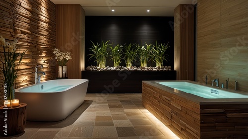 Wallpaper Mural Spa bathroom with two tubs, a stone wall and plants Torontodigital.ca