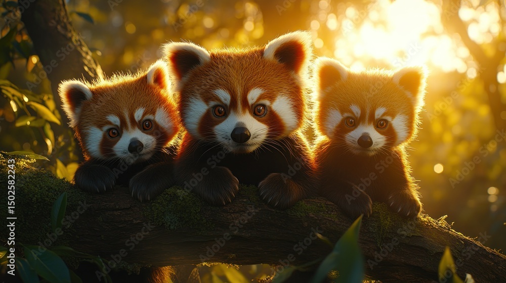 Obraz premium Three red pandas on a branch, bathed in golden sunlight