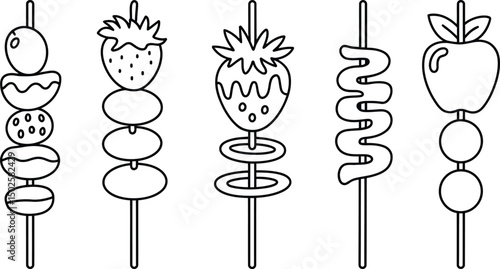 Outlined fruit skewers sweet treats coloring page style black and white
