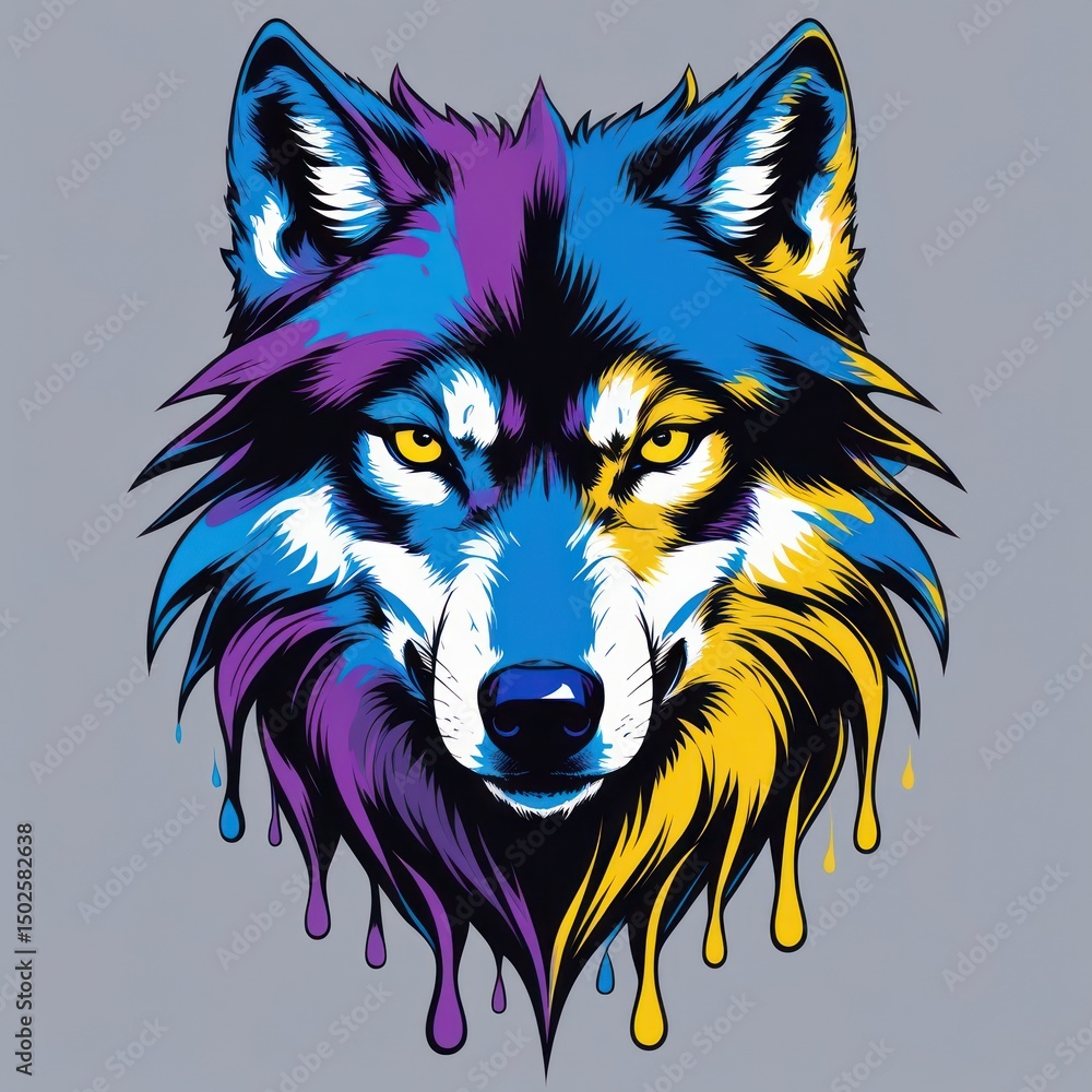 Naklejka premium Psychedelic wolf head graphic, vibrant colors dripping down