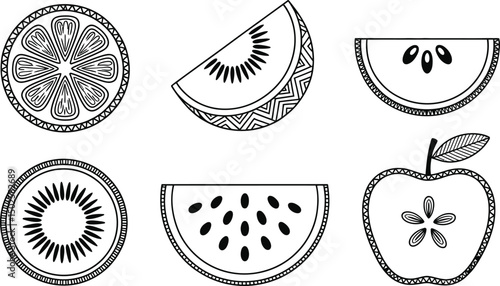 Black and white outlines of diverse fruit slices in an artful arrangement