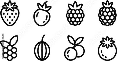 Simple line art icons set featuring various kinds of berries and fruits