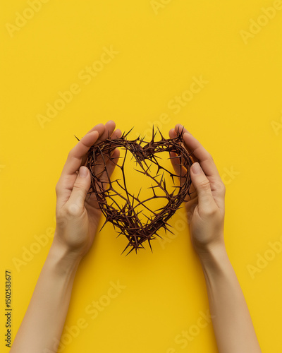 Hands gently holding a heart-shaped crown of thorns on a bright yellow background. The image symbolizes love, suffering, passion. Generative AI