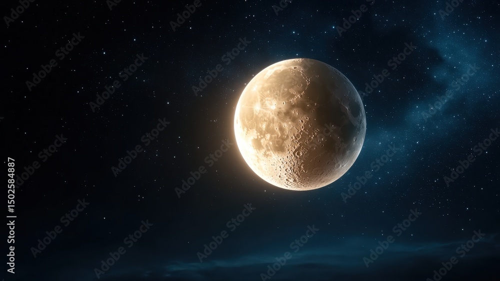 Fototapeta premium Mysterious Moon Illuminated in Starry Deep Space with Nebula moon space illuminated nebula stars orb