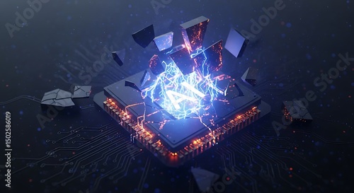 AI Processor Core Exploding with Energy on Circuit Board: High-Tech Artificial Intelligence Concept with Cybernetic Futuristic Style, Glowing Electric Sparkles & Power Surge, Digital Illustration
