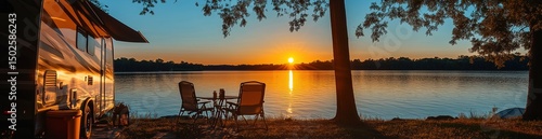 A panoramic view of the setting sun over the lake, at the campsite with an RV and tent, overlooking the water.
