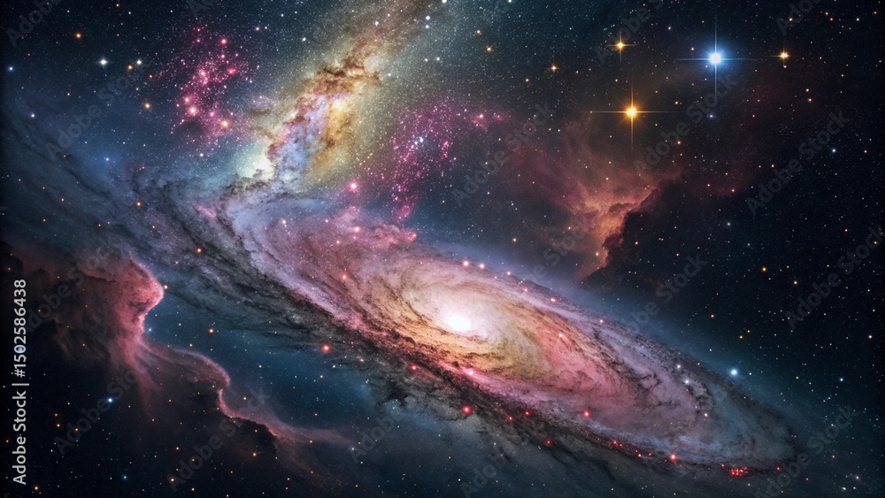 Fototapeta premium Swirling Nebula and Star Cluster in Vibrant Galactic Expanse