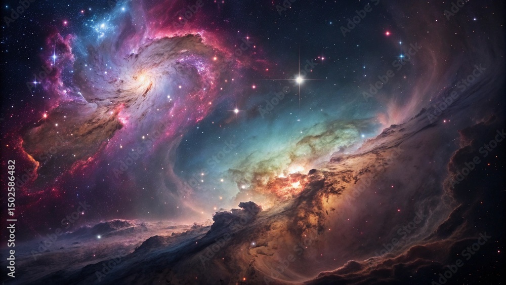 Fototapeta premium Swirling Nebula and Star Cluster in Vibrant Galactic Expanse