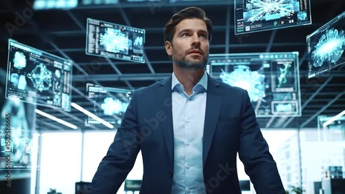 businessman in front of a computer screen with AI chip hologram screen animation 