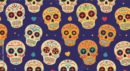 A vibrant and colorful seamless pattern featuring various sugar skull designs, scattered hearts, and dots against a dark blue background.