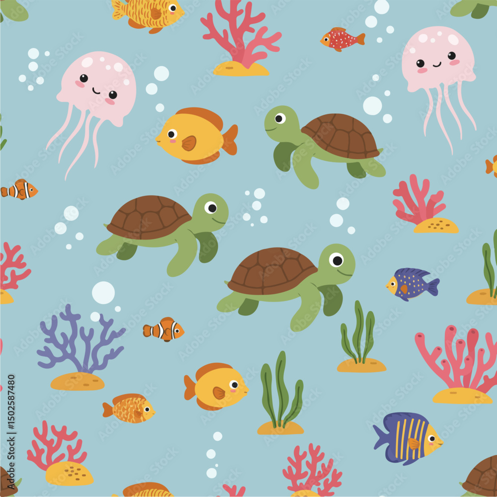 Obraz premium This cute cartoon underwater scene features turtles, jellyfish, colorful fish, and coral against a light blue background with scattered bubbles.