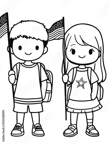 "Child Holding American Flags – Fun and Festive Outline Drawing