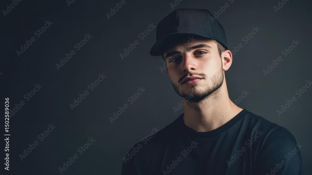 Trendy Guy in Black Cap: Young Man's Portrait with Space for Branding Trendy Guy in Black Cap: Young Man's Portrait with Space for Branding